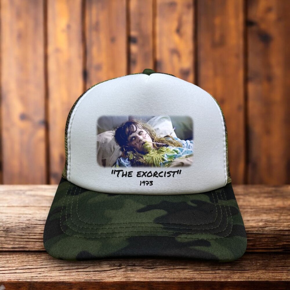 1973 The Exorcist Mens Trucker Hat Camo Snapback Cult Horror Movie Baseball Cap